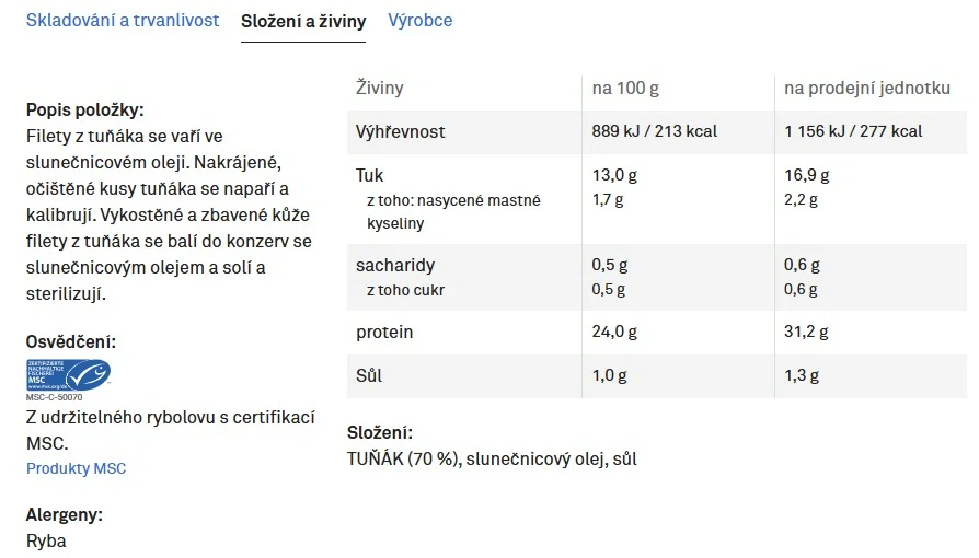 Tuňák ve slunečnicovém oleji 185g